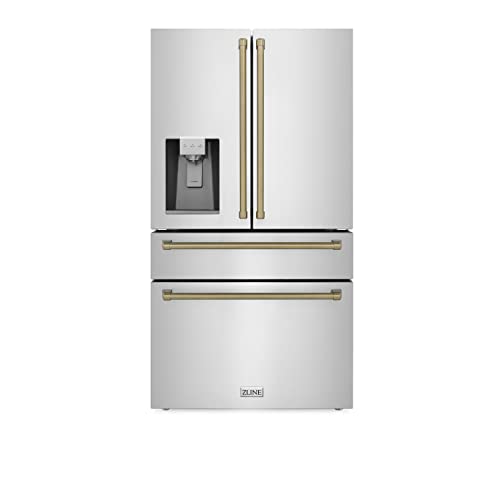 Zline 36" Autograph Edition 21.6 Cu. Ft Freestanding French Door Refrigerator With Water And Ice Dispenser In Fingerprint Resistant Stainless Steel With Champagne Bronze Accents (Rfmz-W-36-Cb) #TOP5