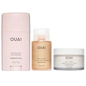 OUAI Melrose Place Travel Essentials - Aluminum Free Deodorant (2.5 oz) + Body Cleanser Travel (3 oz) + Body Cream Travel (3.4 oz) - Hydration, Freshness & Rosy Scented Self-Care Set
