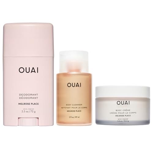 OUAI Melrose Place Travel Essentials - Aluminum Free Deodorant (2.5 oz) + Body Cleanser Travel (3 oz) + Body Cream Travel (3.4 oz) - Hydration, Freshness & Rosy Scented Self-Care Set