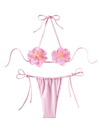 Milumia Women's 2 Piece Micro Bikini Sets 3D Floral Halter Tie Side Thong Bathing Suits Beachwear Pink Large