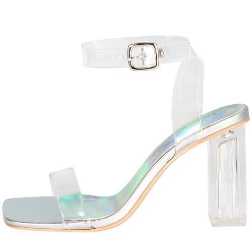 Image of Women's Clear Chunky Block Heeled Sandals 3.74 Inches Open Toe Ankle Strap Block High Heel Sandal Dress Dancing Sandals Daily Work Party Shoes
