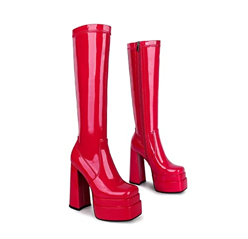 Wetkiss Platform Boots For Women Knee High Gogo Boots Chunky High Heel Red Patent Leather Boots Square Toe Side Zip Stretch Stacked Boots #TOP2