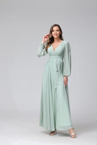 SYYS Long Sleeve Bridesmaid Dresses for Wedding with Slit Flowy Chiffon Formal Dresses with Pockets SYYS0954