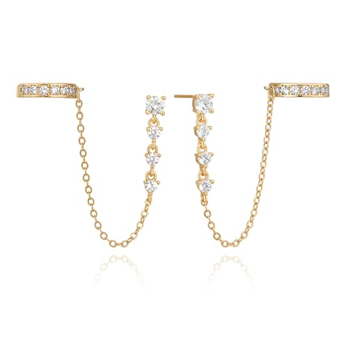 LOYATA Dangle Chain Earrings for Women-Small Gold Cubic Zirconia Drop Long Stud Earrings 14K Gold Plated/925 Sterling Silver Post Hypoallergenic Dangly Earrings Wedding Everyday Ear Jewelry Gifts