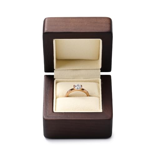 Woodten Jewelry Engagement Proposal Ring Box, Solid Wood Single Ring Box for Proposal, Wedding(Beige)