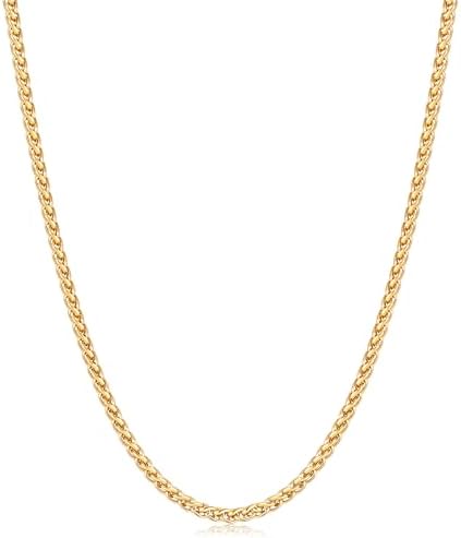 Fiusem Gold Plated Wheat Chain Necklace for Men, 2/2.5/3/4/5mm Gold Stainless Steel Necklace Chains for Men and Women 16-28 Inch, Jewelry Gift