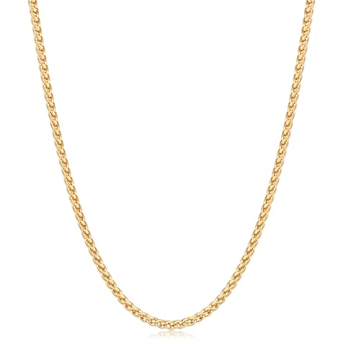 Fiusem Gold Plated Wheat Chain Necklace for Men, 2/2.5/3/4/5mm Gold Stainless Steel Necklace Chains for Men and Women 16-28 Inch, Jewelry Gift
