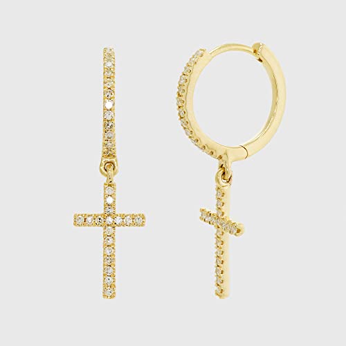 14K Real Solid Gold 0.22Ctw Diamond Cross Huggie Hoop Earrings Dangle Drop Earrings (White Gold) #TOP4