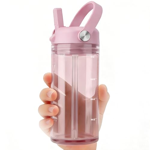 wawahydro 12 oz Clear Water Bottle with Straw & Handle, Leakproof Tritan Water Bottle, BPA Free Reusable Plastic Bottle with Volume Markings, Dishwasher Safe for School,Travel, Sports, Pink