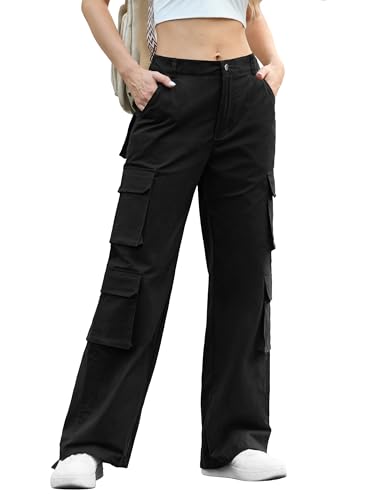 Lepunuo Women Cargo Pants High Waisted Baggy Pants Combat Military Trousers Wide Leg Casual Pants 8 Pockets Black