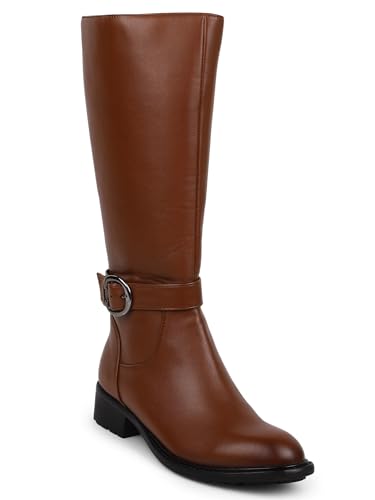 Image of ELLE Women Tan Brown Solid High-Top Block Heel Regular Boots