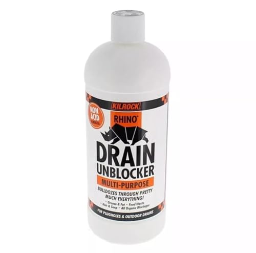 Kilrock Rhino Drain Unblocker 1L Heavy Duty Non-Acid Gel Multi-Purpose Clog Remover for Hair, Grease, Fat, Soap & Food Waste Safe for Kitchen, Bathroom & Outdoor Orange