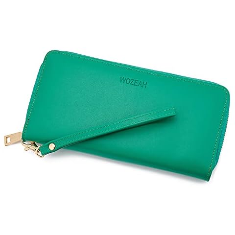WOZEAH Women's RFID Blocking PU Leather Zip Around Wallet Clutch Large Travel Purse (C Green) Cover