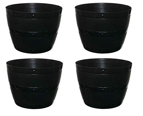 Set Of 4 Black Barrel Planter Small Round Plastic Plant Pot 34cm Patio Garden Flower Tub