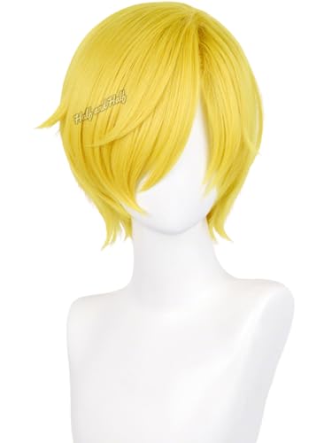 Image of Half and Half Short Blonde Pirate Chef Anime Cosplay Wig for Men Yellow Golden Side Part Male Fighter Costume Wigs for Unisex Women Halloween Party Daily