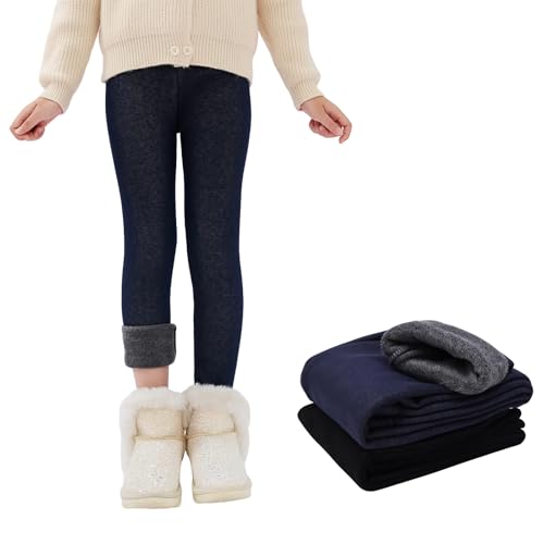 Baogaier Leggings Térmicas para Niña, Cómodos Algodón Legging con Forro Polar, Infantiles Suaves Mallas Elásticos Calentitos Invierno Largos Pantalones Niños Ropa para 8-9 Anos, Azul Marino
