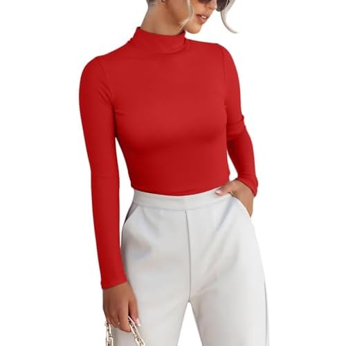 VICHYIE Women Long Sleeve Shirt Mock Neck Ribbed Knit Slim Fitted Fall Clothes Underwear Small Red-no Fleece Lined