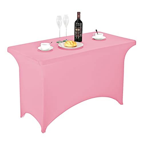 Image of FORLIFE Spandex Table Cover - Fitted 4ft Rectangular Tablecloth, Stretch Patio Cover, Universal for Wedding, Banquet, Party (Pink)
