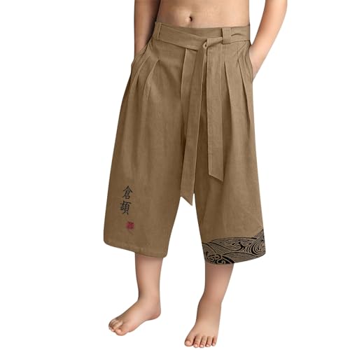 Boy 's Linen Wide Leg Pants Tween Pleated Japanese Fashion Cropped Trousers Drawstring Kids Elastic Waist Casual Capri Pants