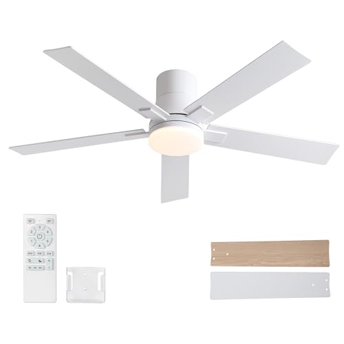 Image of Rayqueen 52 Inch Flush Mount White Ceiling Fans with Lights and Remote
