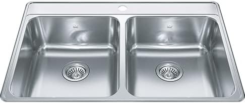 KINDRED FCDLA3322-8-1CBN Stainless Steel Creemore 33-in LR x 22-in FB x 8-in DP Drop In Double Bowl 1-Hole Kitchen Sink, 33" X 22"