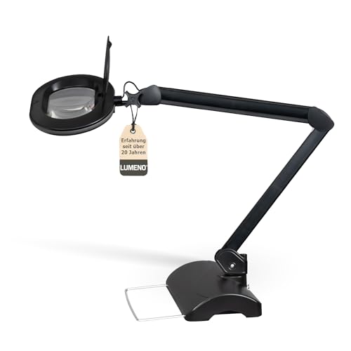 Lumeno 8615SW Lupenleuchte Arbeitsplatzlampe mit großer ovalen Linse 110x150 mm, 60 LEDs in 2 Stufen dimmbar, perfekt als Lesehilfe, für die Kosmetik, zum Löten, 5 Dioptrien schwarz mit Tischstativ