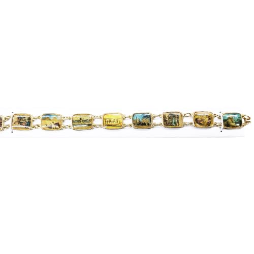 Pulsera Vintage Egipcia, Eslabones Esmaltados con Monumentos, Dorada, 21 cm
