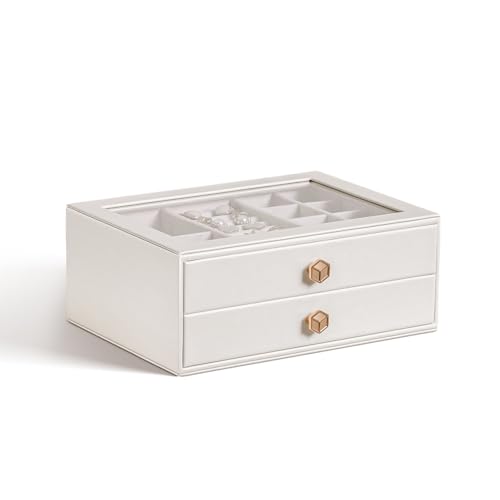 CASEGRACE Jewelry Box for Women with Glass Lid - Leather Jewelry Storage Organizer 2 Drawers for Necklaces, Rings, Earrings & Bracelets, Ideal Gift (White, 2 Layer)