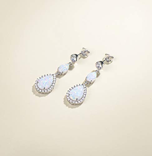 FANCIME October Birthstone Earrings Created Opal Dangle Earrings Sterling Silver 2 Stones White Fire Opal Halo Cubic Zirconia Long Teardrop Earrings for Women4