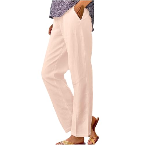Pantalones Fluidos Mujer Verano Ligero Fluido Casual Pantalones 7/8 Amplios con Bolsillos Verano Lino Pantalones De Playa Suelto Elástico De Talle Alto Cómodo Chic Jogging Deporte Pantalones Correr