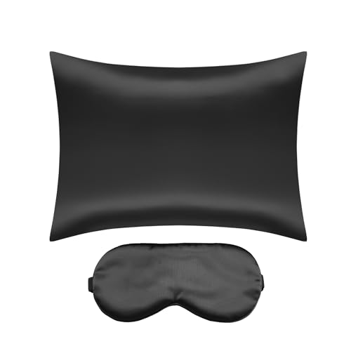 uxcell Satin Pillowcase for Hair and Skin with Hidden Zipper Breathable Pillow Case with Sleep Mask, Set of 2 Black Queen (51x76cm)