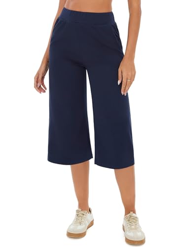 Crewhpo Pantalones Chándal Mujer 3/4 Capri Pantalón Verano Pantalones Deportivos con Bolsillos Cintura Alta Elástica Pantalon para Yoga Fitness Correr Jogging