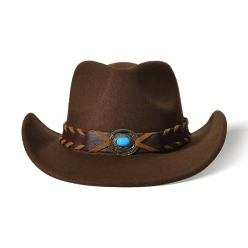 Image of Classic Western Cowboy Hat Cowgirl Hat Unisex Men's & Women's Wide Brim Felt Fedora Hat Flat Top with Buckle Belt