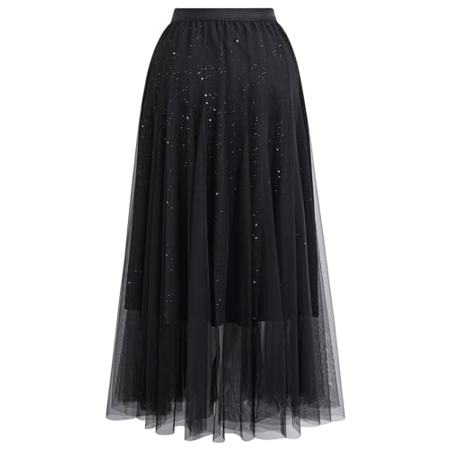 CHICWISH Women Glitter Mesh Tulle Midi Skirt A-Line High Waist Flowy Holiday Party Casual Sparkly Shimmer Fairy Skirt3