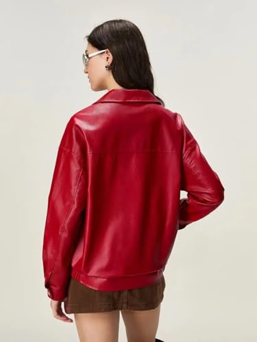 Image of Red Faux Leather Jacket for Women, PU Leather Biker Style Zip-Up Outerwear, Casual Party Winter Wear