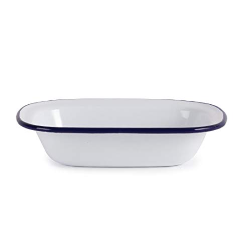 Olympia Enamel Retro Pie Dishes Set - Rectangular 180 x 135 mm (Pack of 6) White and Blue Hardwearing Camping Dishes Enamelled Steel Ovenproof & Dishwasher Safe GM511