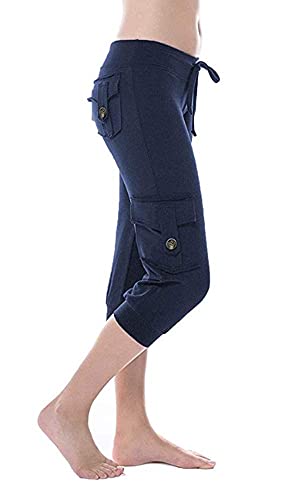 HSRKB Women's Yoga Capris Workout Pants Athletic Cropped Pants with 3 Pockets Navy Blue