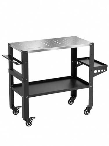 36 x 18 Inch Welding Table 1200 lbs Capacity Welding Workbench Table with Lockable Wheels Tool Rack & Tray Tool Slots and 5/8 Fixture Holes for Garage Black
