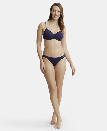 Image of Jockey 1723 Women's Wirefree Padded Super Combed Cotton Elastane Stretch Medium Coverage T-Shirt Bra with Lace Styling Classic Navy 36D