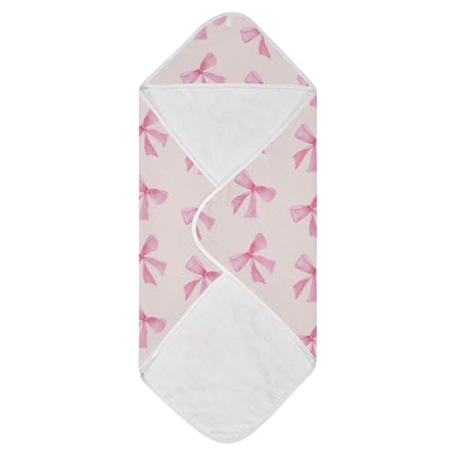 Image of Burbuja Pink Bow Baby Bath Towel - Soft Absorbent Muslin Cotton Hooded Towel for Newborn Infant Toddler, 30x30 in