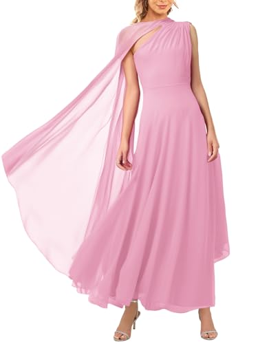 Image of Aisbei Women's Elegant One Shoulder A Line Flowy Maxi Dress Evening Gowns Party Formal Wedding Guest Dresses with Cape