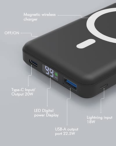 Podoru Wireless Portable Charger, Foldable 10000Mah Magnetic Power Bank With Type-C Cable Led Display 22.5W Pd Fast Charging Lighting Mag-Safe Battery Pack For Iphone 14/13/12/Mini/Pro/Pro Max-Black #TOP4