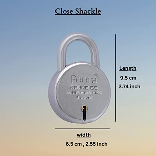 Image of Foora Round 65mm Padlock | Metal Body | 8 Lever Double Locking | 40 Keys + Keychain | Door, Gate, Shutter Security | Silver Finish | Made in India