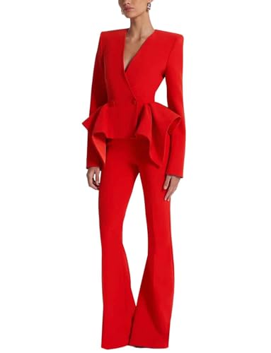 Ensemble pantalon 2 pièces femme avec veste chic à volants col en V