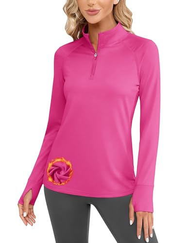 Cavva Women'S Thermal Shirts Half Zip Fleece Lined Running Pullover Golf Long Sleeve Athletic Winter Shirt Rose Red, M