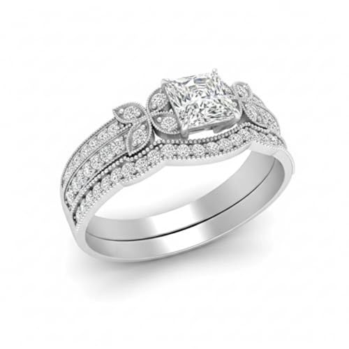 Image of Choose Your Gemstone Milgrain Petal Diamond CZ Wedding Ring Set 925 Sterling Silver Princess Shape Wedding Ring Sets Lightweight Office Wear Everyday Gift Jewelry US Size 4 to 12
