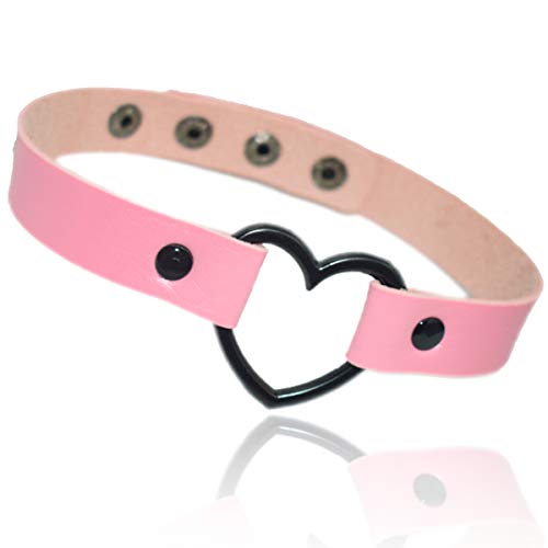 BeeGift Leather Choker Necklace for Women Girls 4 size Adjustable Soft PU Collar Necklace - Love Heart chokers (B-pink)