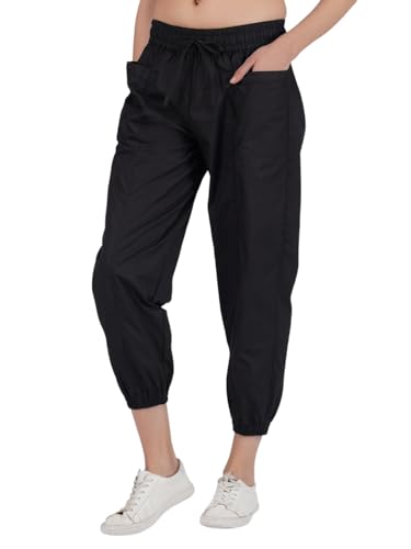 Image of fabcoast Multi-Pocket Cargo Cotton Poplin Jogger Pants for Women Summer Wear Full Elastic with Drawstring and 2 Side Pockets, 2 Back Pockets and 2 Leg Pockets