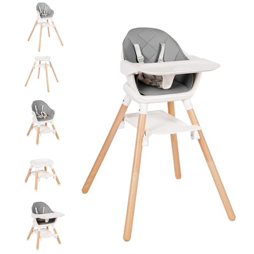 Image of Komcot High Chair, 6 in 1 Wooden Convertible High Chairs for Babies and Toddlers, Booster Seat with Double Tray & Reversible Footrest Baby Highchair, 5-Point Harness Baby Feeding Chair, Grey