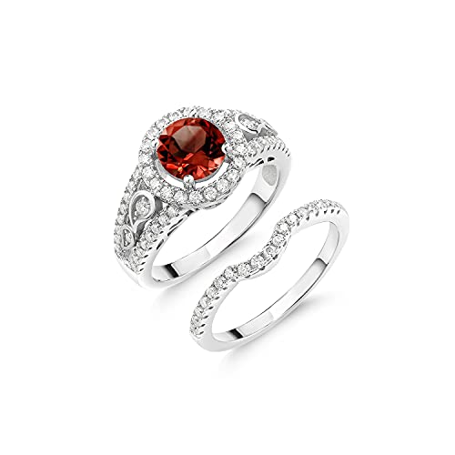 Gem Stone King 925 Sterling Silver Red Garnet and Moissanite Wedding Engagement Ring Band Bridal Set For Women (1.94 Cttw, Gemstone Birthstone, Available In Size 5, 6, 7, 8, 9)3